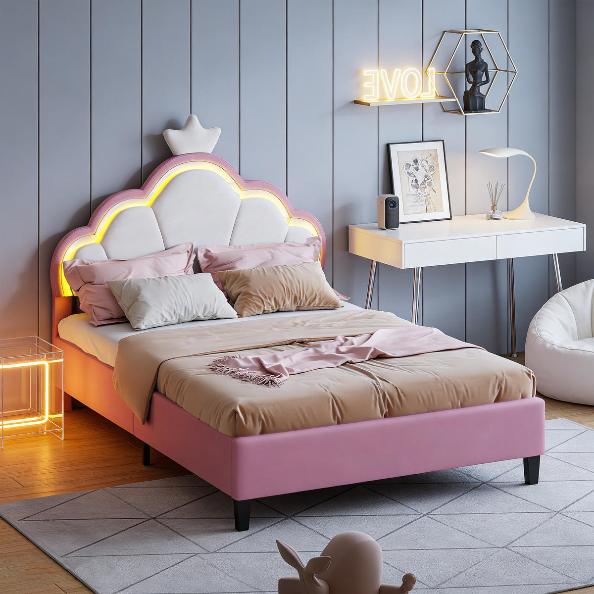 POLSTERBETT 90x200, Kinderbett mit Kopfteil und Lattenrost, LED, Samt, Rosa - Rosa, Holz/Textil (90/200cm) - GENKI LIVING