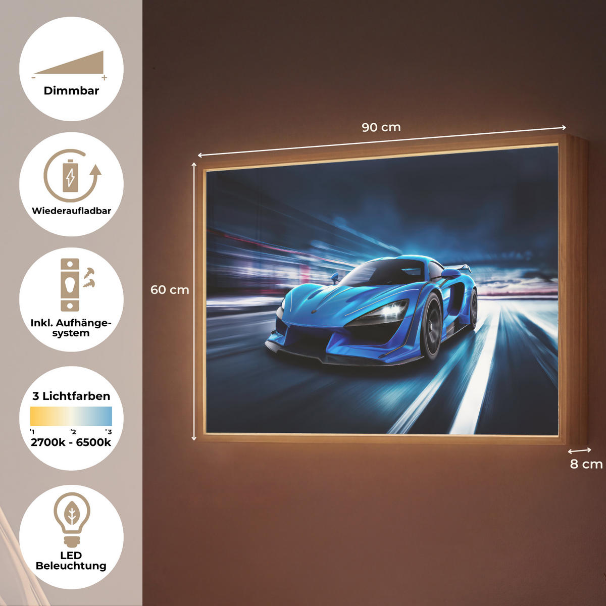 DOBÍJECÍ NOČNÍ LAMPIČKA Auto - Modrá - Chlapci - Dítě 90x60 cm - modrá, kompozitní dřevo (8/90/60cm) - OnlyWow
