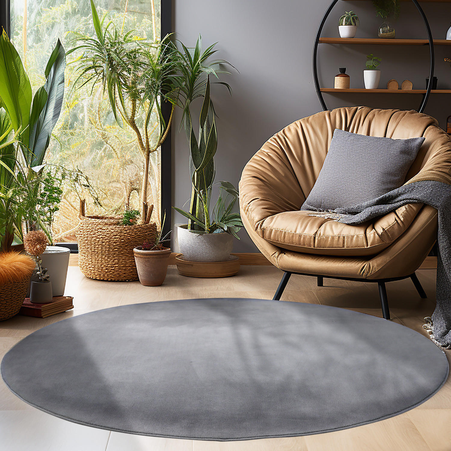 TEPPICH Kurzflor Uni-Farbe Microfaser Antirutsch Wohnzimmer waschbar Grau Rund 200x200 - Grau, Textil (200/200cm) - KADIMA DESIGN