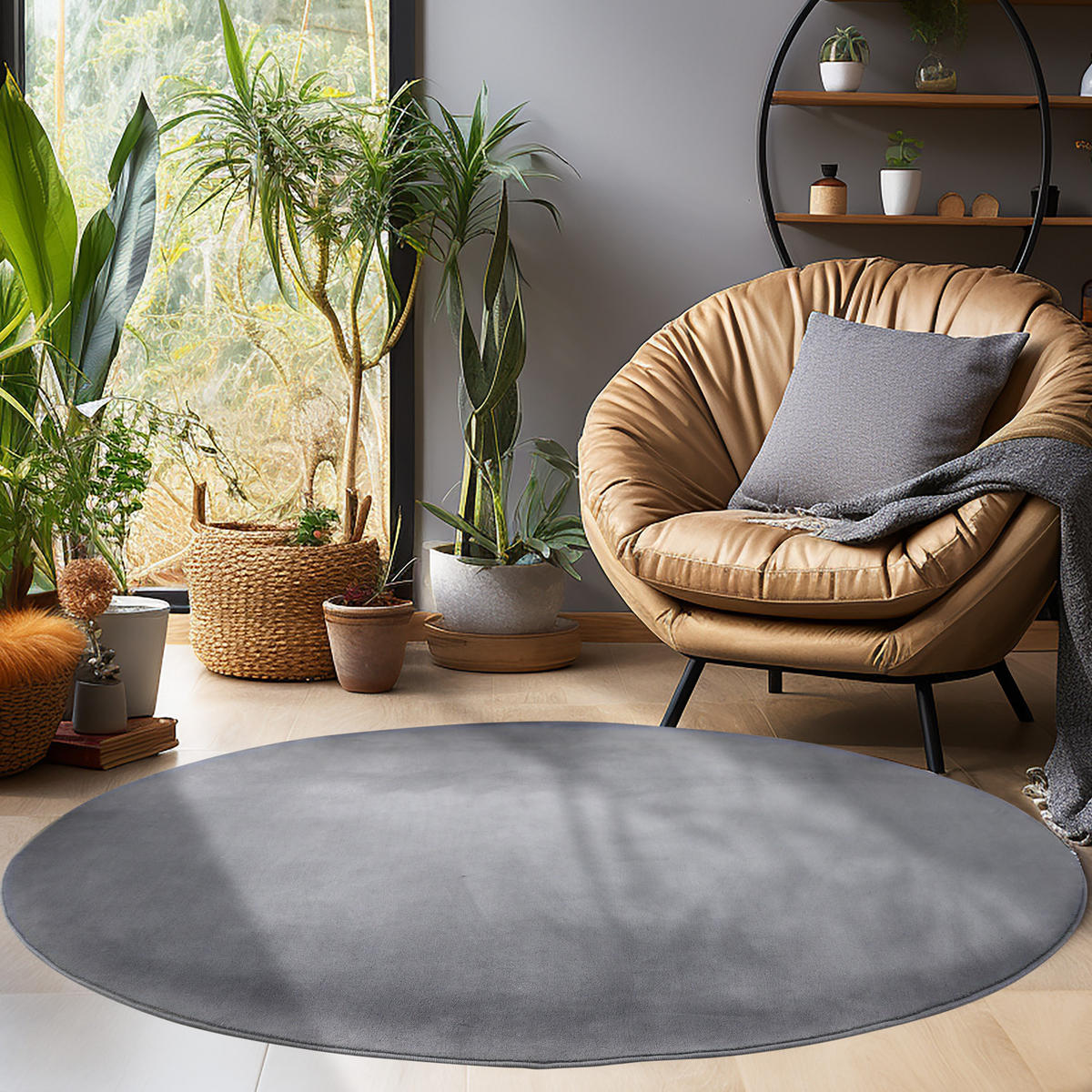 TEPPICH Kurzflor Uni-Farbe Microfaser Antirutsch Wohnzimmer waschbar Grau Rund 200x200 - Grau, Textil (200/200cm) - KADIMA DESIGN