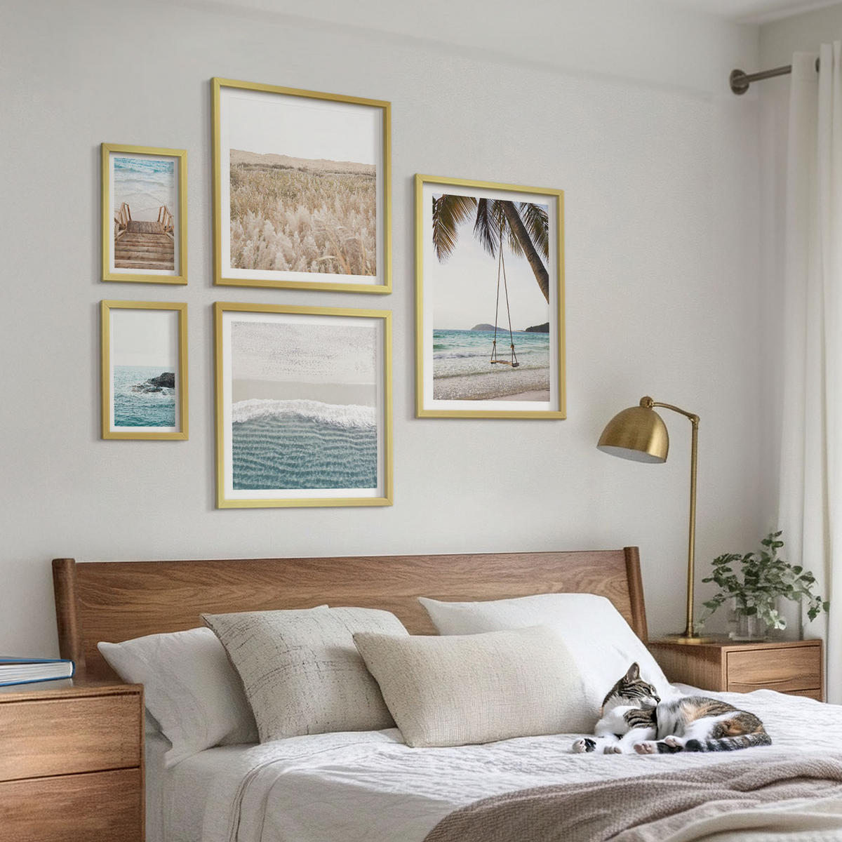 WANDBILDER 5er Set - 50x50 cm & 20x30 cm & 40x60 cm Goldrahmen - Treppe, Strand, Meerblick, Schaukel - Goldfarben, Kunststoff (40/60cm) - ArtPrintCave