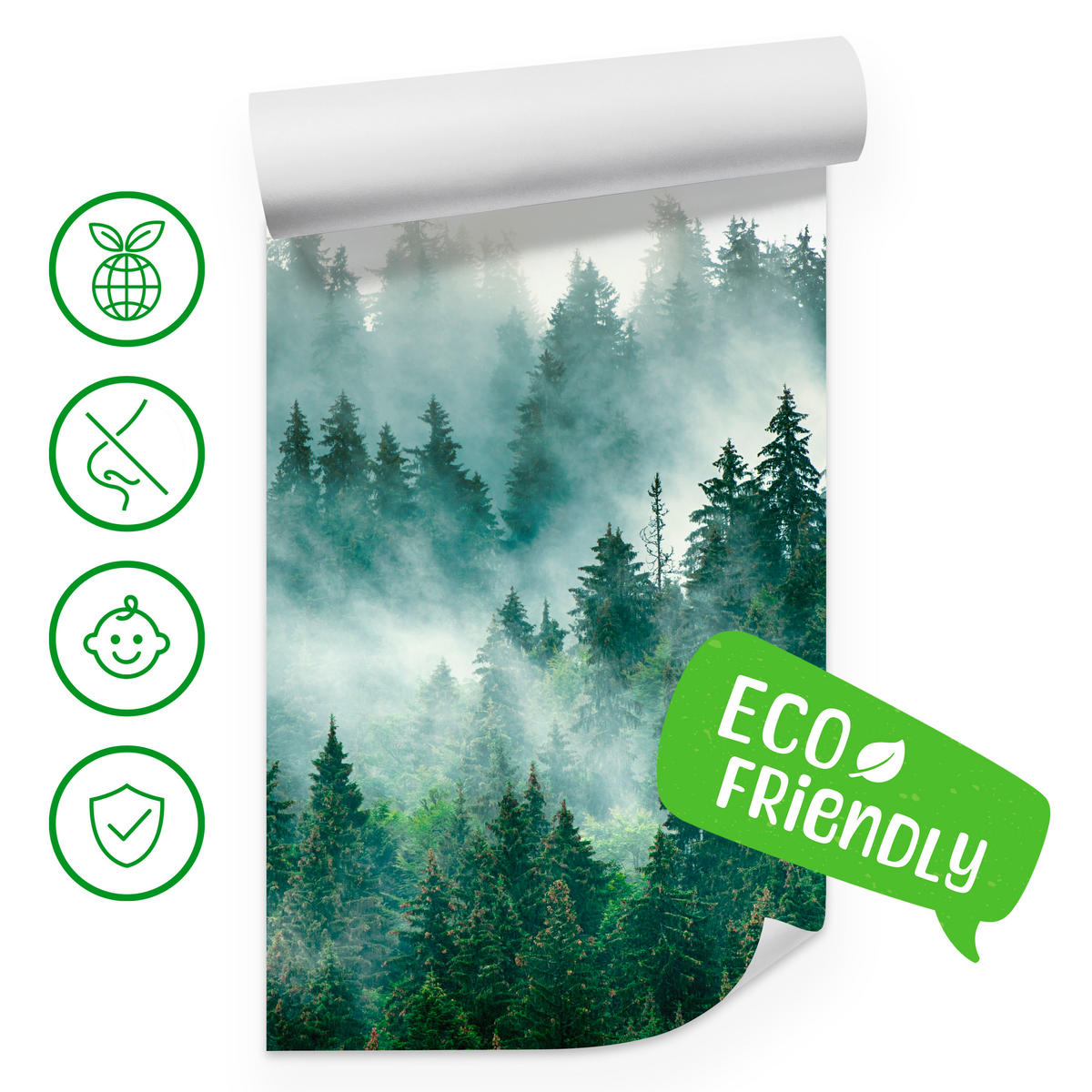 FOTOTAPETA Pre Kuchyňu Ihličnaté Stromy Hmlový Les Mystický Zelená 100 x 70 cm - sivá/zelená, papier (100/70cm) - Muralo