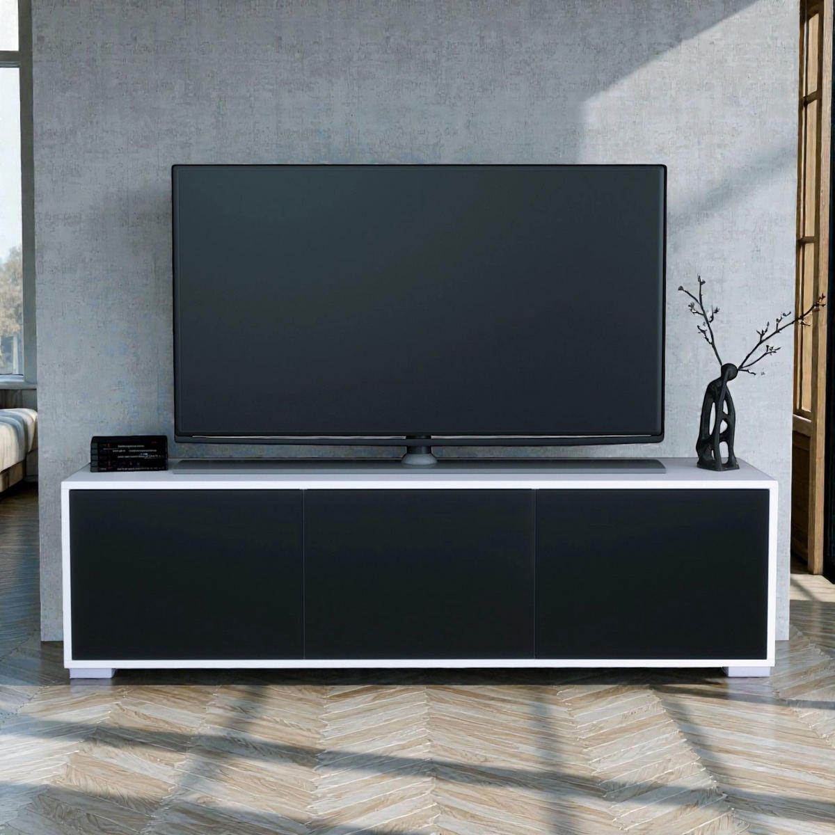 TV-BOARD Elena, Lowboard mit Push-to-Open, Made in Germany, Moderner Fernsehschrank, Weiß matt/Schwarz matt (152,5 x 43 x 37 cm) - Schwarz, Holzwerkstoff (152.5/43/37cm) - InnoFurn