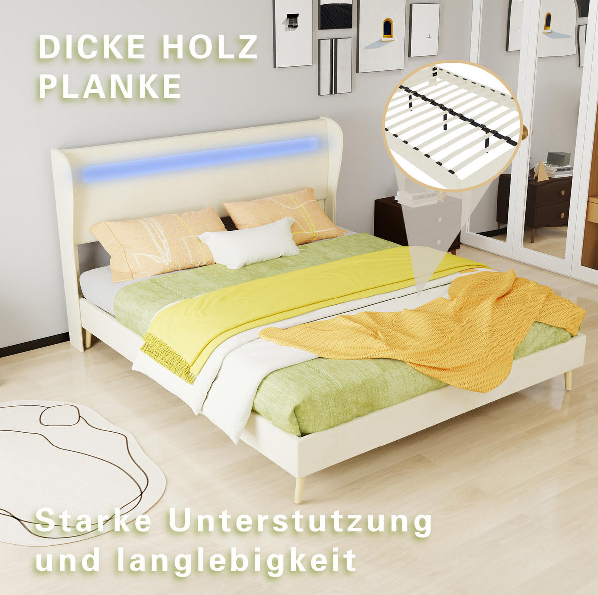 POLSTERBETT aus Stoff und Metall 160x200 cm Beige mit farbwechselnder LED-Beleuchtung - Beige, Textil (160/200cm) - IVMEU