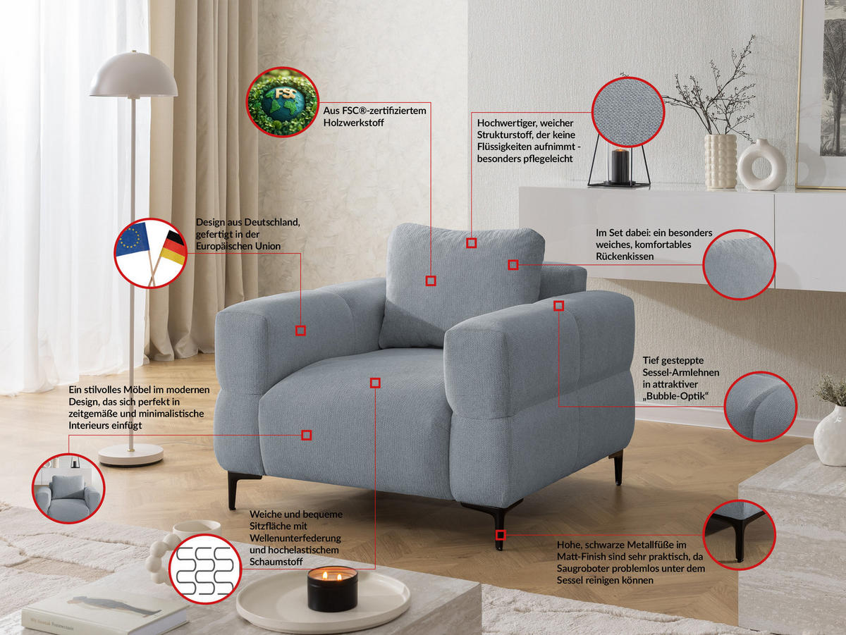 SESSEL Cardea in Bubble-Optik aus weichem Grau Strukturstoff mit hohem Sitzkomfort - Schwarz/Grau, Holz/Textil (102/80/97cm) - S-Style Möbel