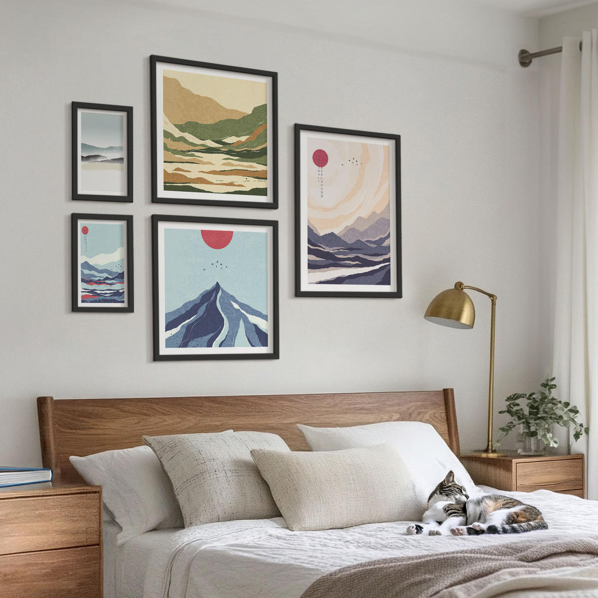 BILDER SET 5er Set - 50x50 cm & 20x30 cm & 40x60 cm Schwarzer Rahmen - Farbenfrohe abstrakte Flussberge - Schwarz, Kunststoff (40/60cm) - TULUP