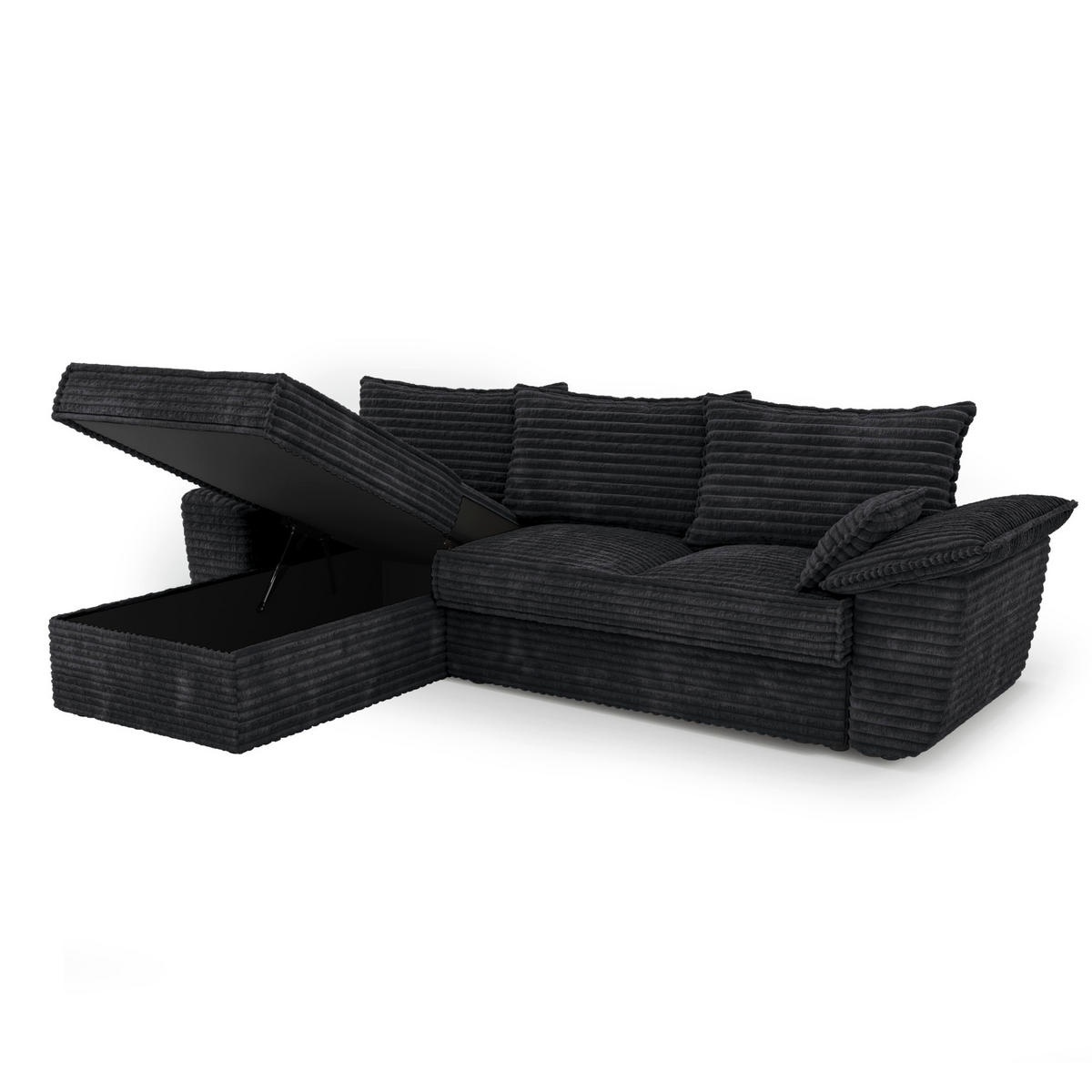 ECKSOFA LINKS Gerippter Samt XXL Schwarz 257cm - Schwarz, Textil (168/257cm) - Sia Home