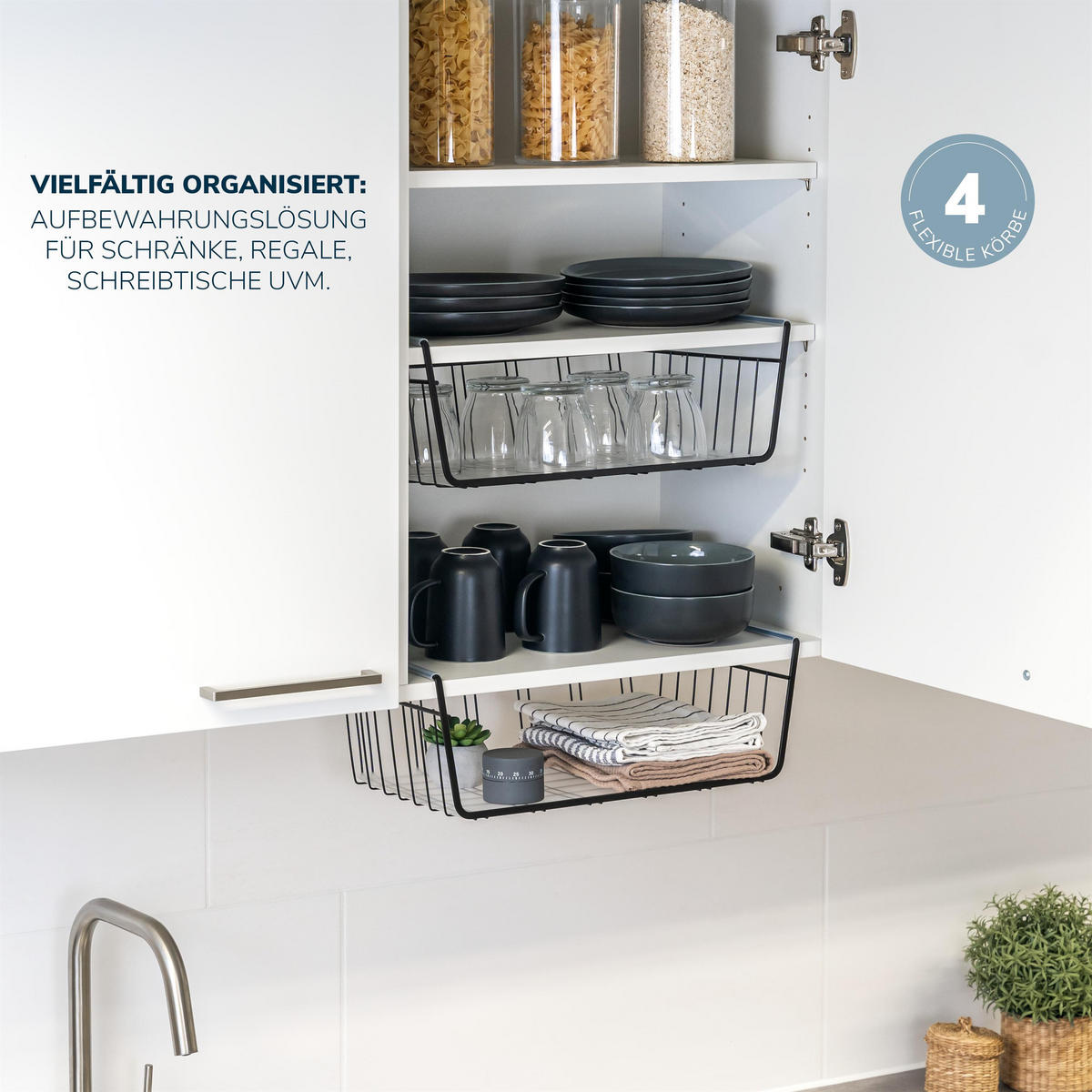 SCHRANKKÖRBE 4er-Set, schwarz - Schwarz, Metall (41/14/26cm) - eluno
