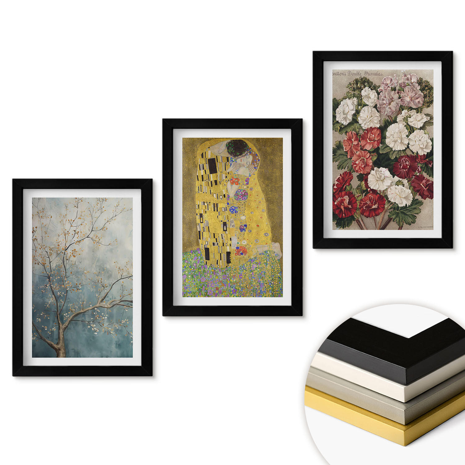WANDBILDER 3er-Set - 20x30 cm Schwarzer Rahmen - Blumen des Baumes (Gemälde von Klimt) - Schwarz, Kunststoff (20/30cm) - ArtPrintCave