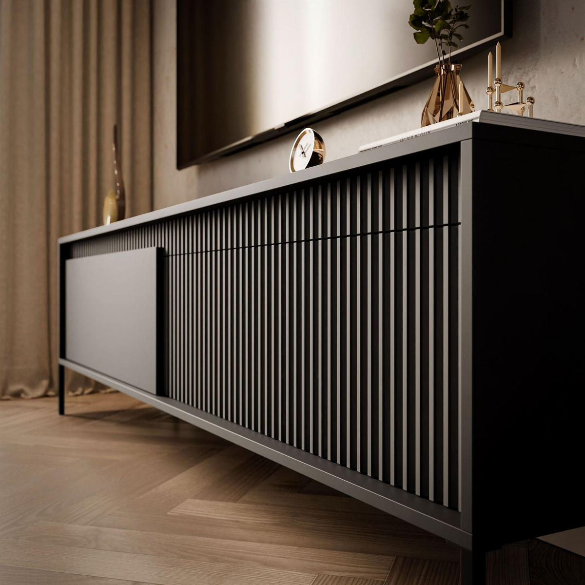 TV-ELEMENT YASUMI 187 cm schwarz matt - Schwarz, Holzwerkstoff (187.1/53.4/39.5cm) - Lookway