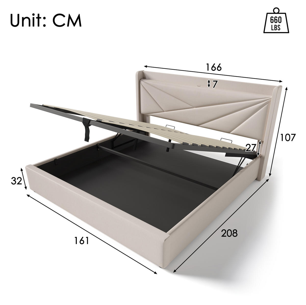 POLSTERBETT aus Baumwollleinen 160x200 cm Beige mit Bettkasten, USB- und USB-C-Anschluss - Beige, Textil (160/200cm) - IVMEU