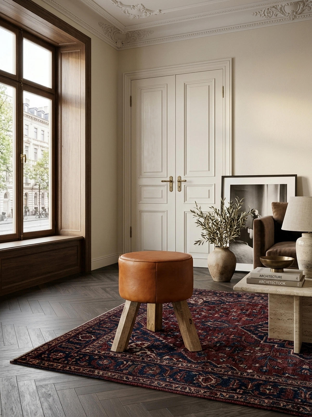 SITZHOCKER – Ziegenleder/Holz, 45 cm, Country-Stil - Braun, Mangoholz/Leder (37/45/37cm) - KADIMA DESIGN