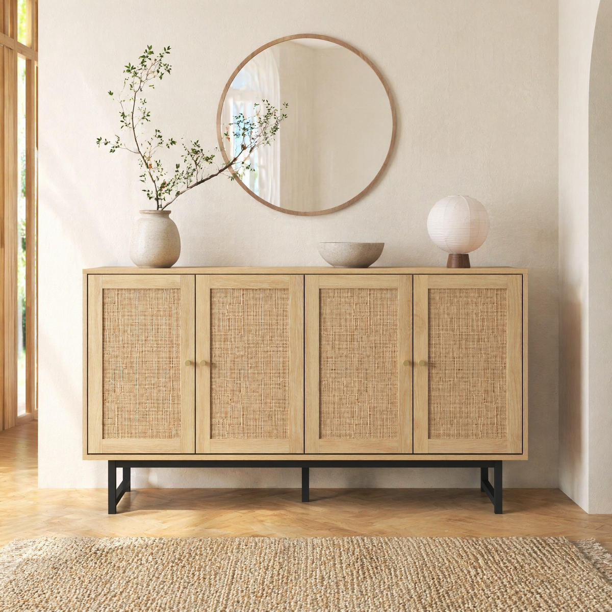 IN Naturfarben Kommode mit echtem Rattangeflecht und 4 Türen für Wohnzimmer und Esszimmer, B140/T39.5/H80cm - Schwarz/Naturfarben, Holzwerkstoff/Metall (140/80/39.5cm) - STILVORA