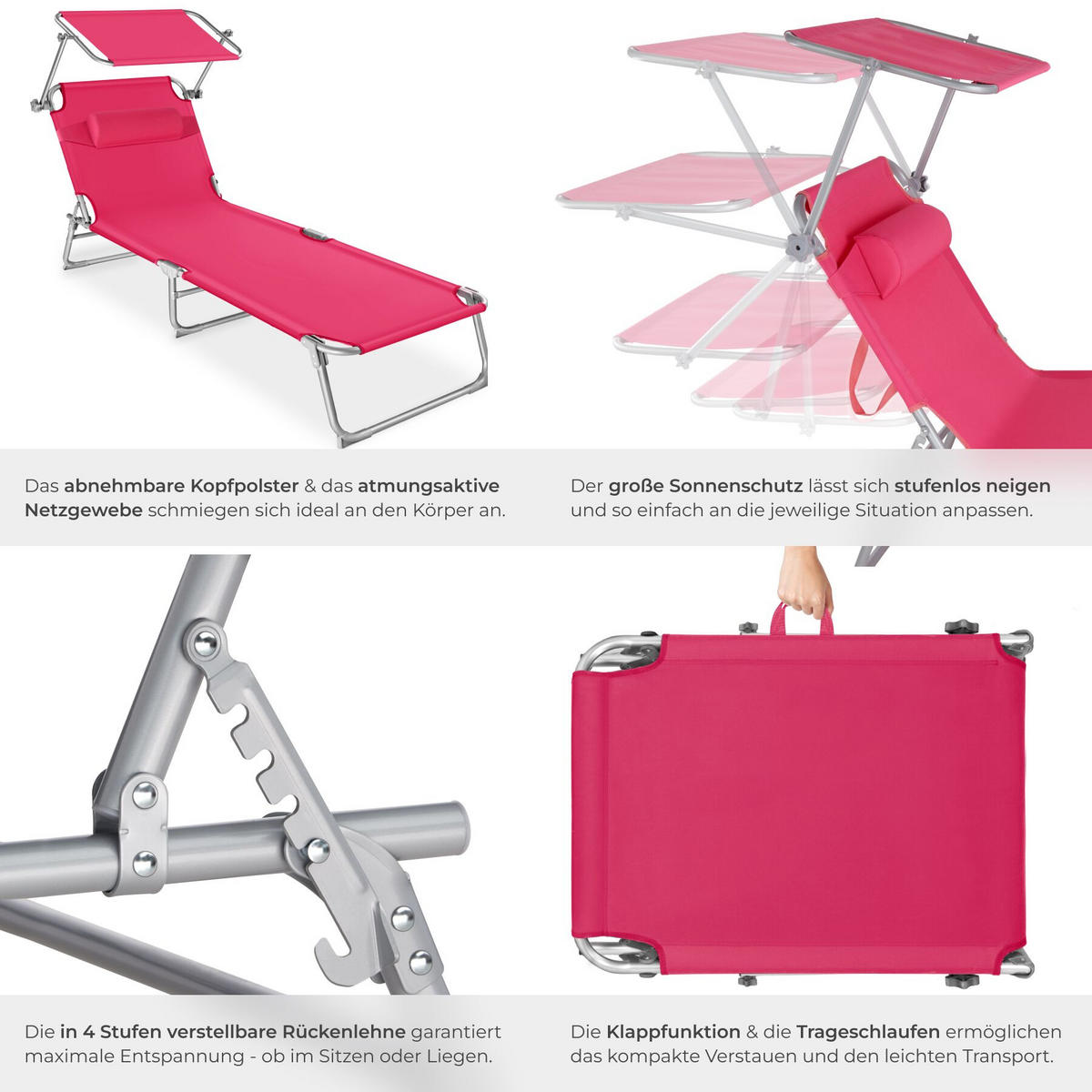 SONNENLIEGE Chloé, 190 x 68 x 111 cm, mit Seitentasche, pink - Pink, Kunststoff (68/65/190cm) - tectake