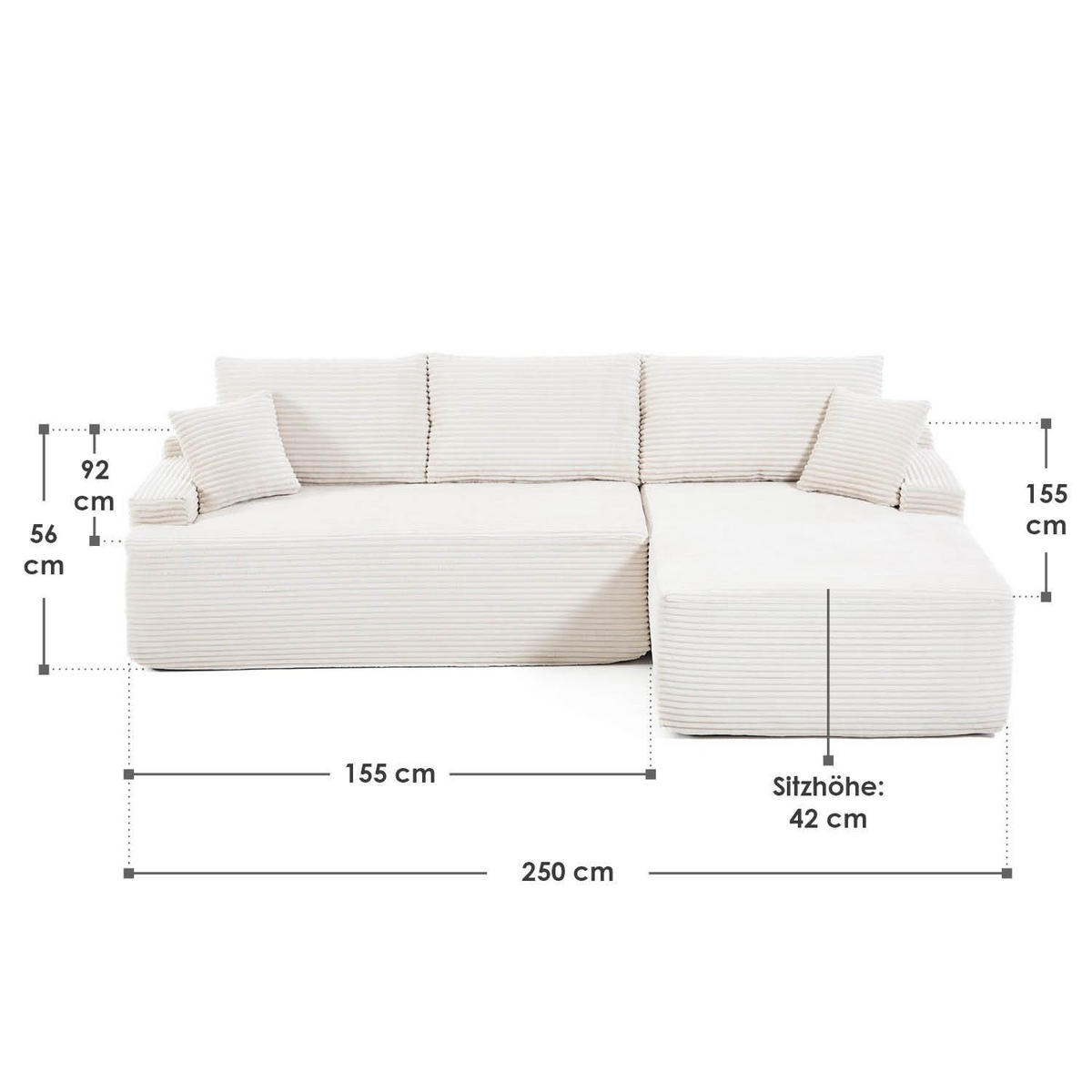 SOFA Coredo creme Cord - Creme, Textil (250/155cm) - Juskys