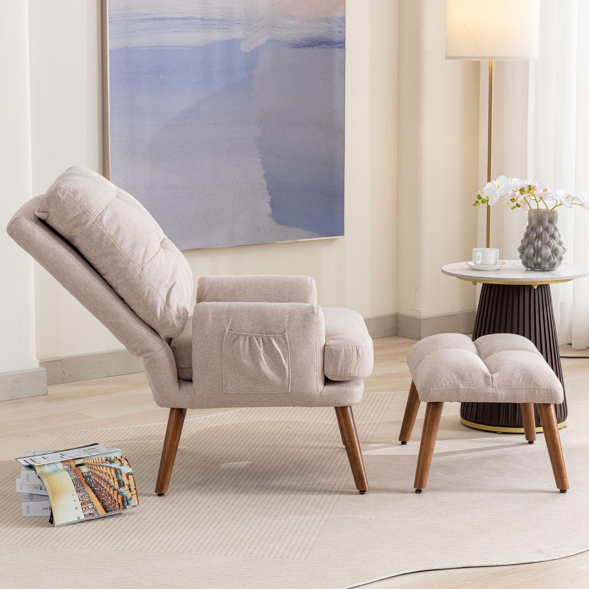 RELAXSESSEL Stoff Beige mit Fußhocker, Seitentasche und verstellbarer Rückenlehne - Beige, Holzwerkstoff/Textil (66/96.5/60cm) - WISHDOR