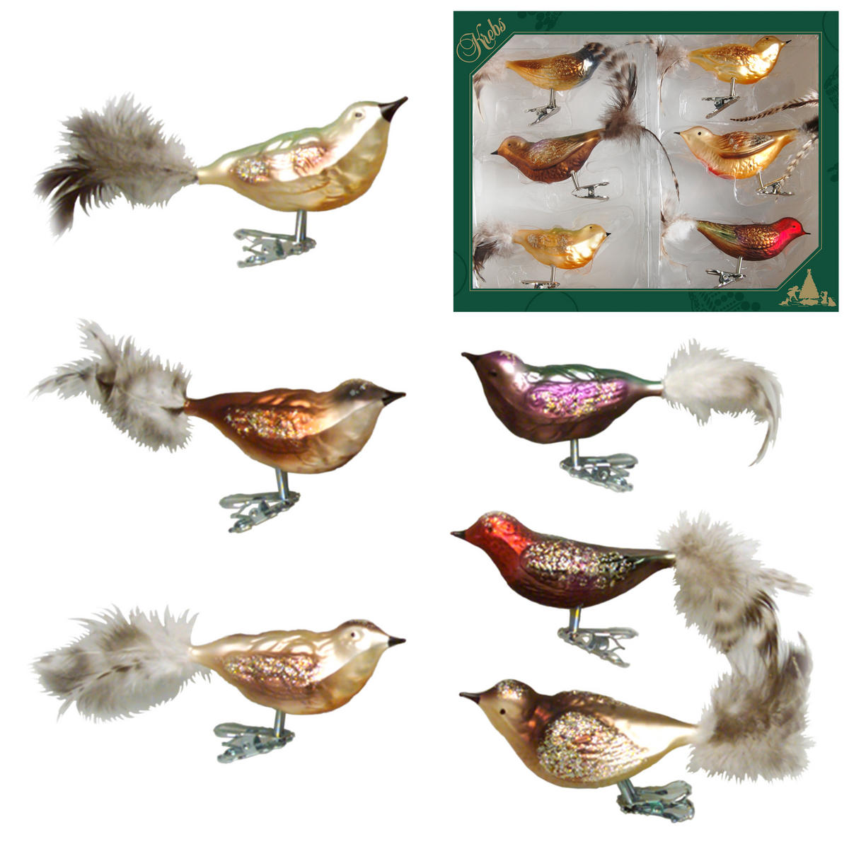 CHRISTBAUMSCHMUCK Waldvögel Mehrfarbig 9cm (Glas / 6 Stk.) - Multicolor, Glas (4/5/9cm) - Krebs Glas Lauscha