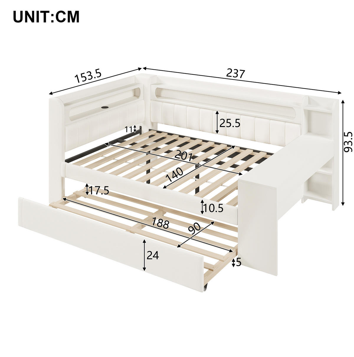 ČALÚNENÁ posteľ 140/200 cm biela s LED osvetlením, USB, výsuvným lôžkom a písacím stolom z MDF - biela, kompozitné drevo (140/200cm) - OKWISH