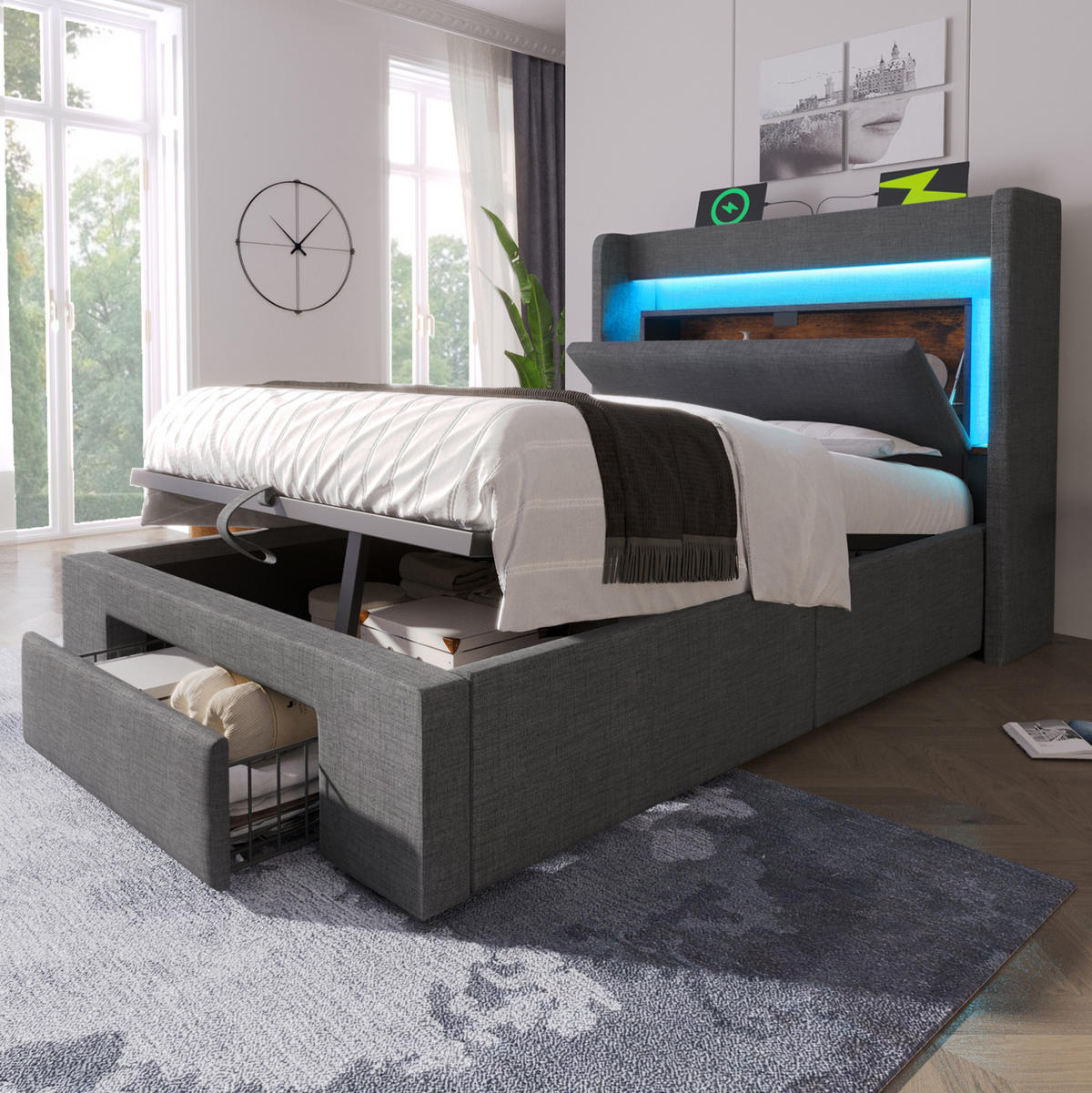 POLSTERBETT mit Stauraum, LED und USB 90x200 cm Leinen Gray mit Matratze - Grau, Metall (90/200cm) - Meubliv