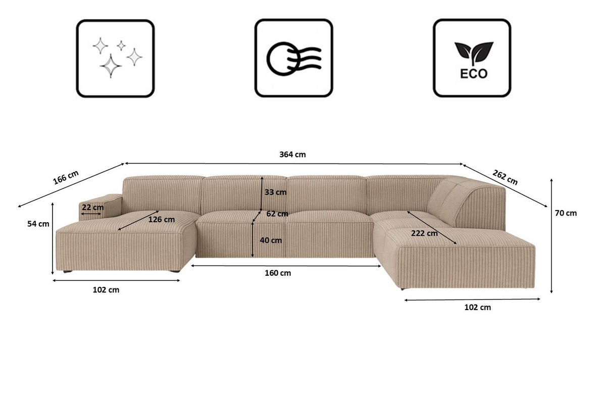 ECKSOFA Cursal V, Stoff Poso, Dunkelbeige, Rechts - Beige, Holz (364/262cm) - Kaiser Möbel