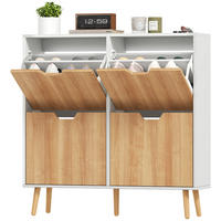 SCHUHSCHRANK mit 4 Klapptüren, Platz für 16 Paar Schuhe, verstellbarem Einlegeboden, Beinen aus Kiefernholz, 95 x 26 x 95 cm, naturfarben - Braun, Holzwerkstoff (95/95/26cm) - HOMCOM