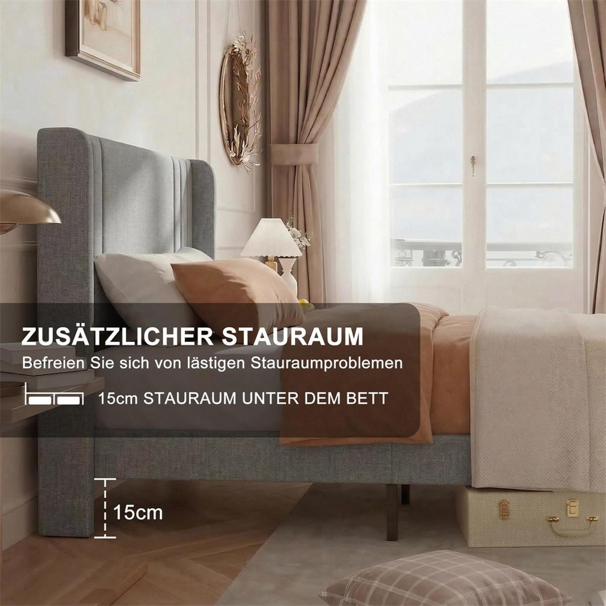 POLSTERBETT 90 x 200 cm aus Leinen mit gepolstertem Kopfteil - tabile Bettbeine ohne Matratze - Grau - Grau, Textil (90/200cm) - DELFA