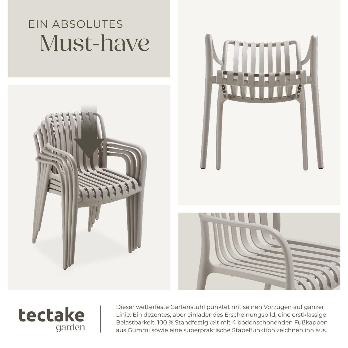 GARTENSTÜHLE Alcudia,54,5 x 58 x 80,5 cm, Belastbarkeit 120 kg, taupe - Taupe, Kunststoff/Textil (54.5/80.5/58cm) - tectake