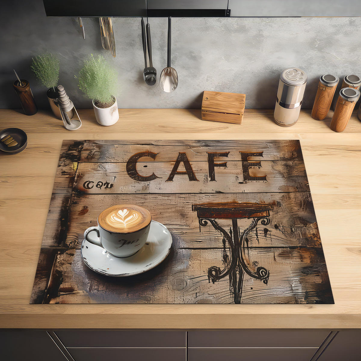 HERDABDECKPLATTE Cafe - Holz - Kaffee - Regale Induktionsmatte 77x59 cm - Schwarz, Kunststoff (77/59/0.2cm) - MuchoWow
