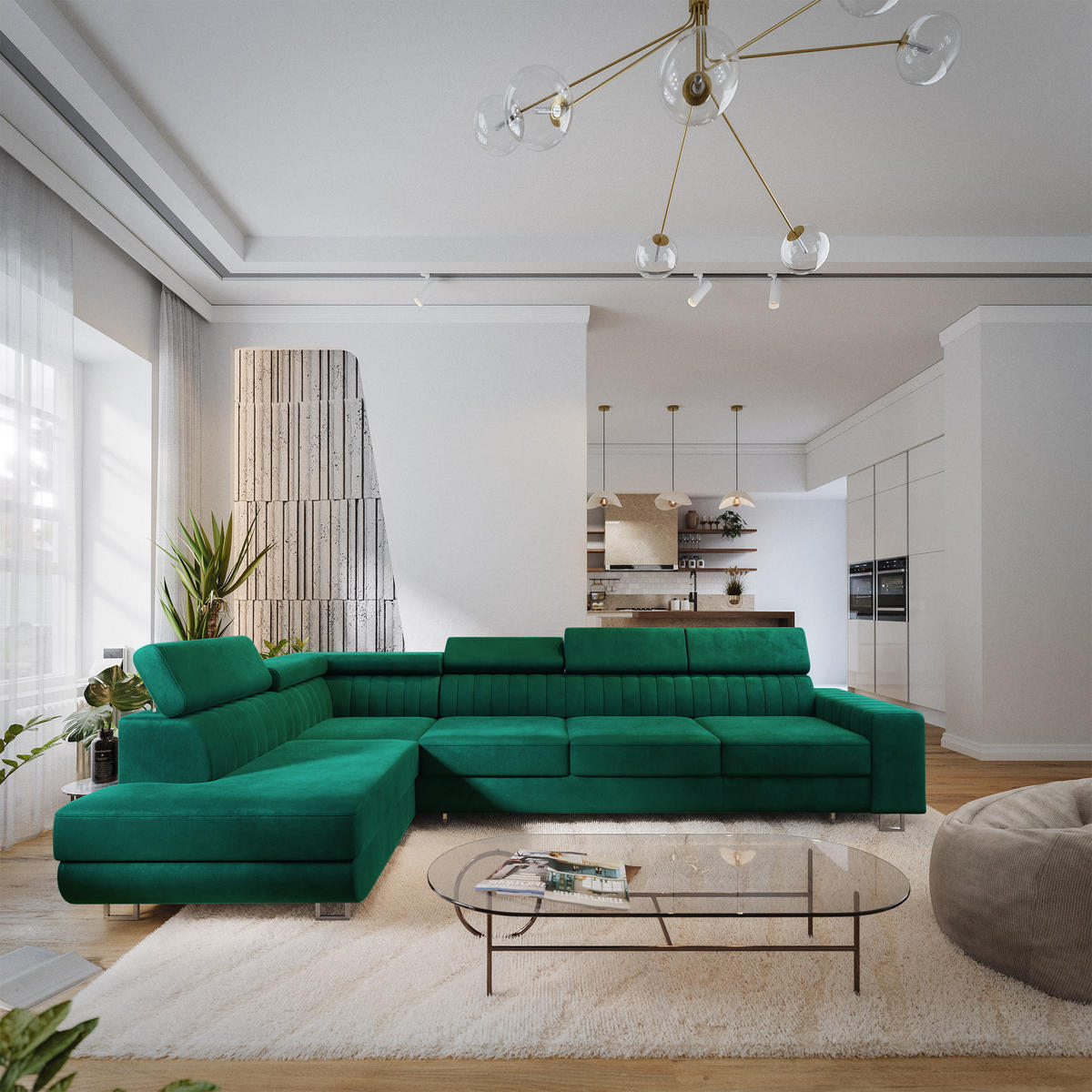 ECKSOFA HESTION Grün Velours-Stoff mit Schlaffunktion - Grün, Holz (332/190cm) - MASSENO