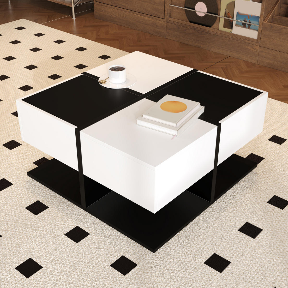 COUCHTISCH Schwarz-Weiß Hochglanz mit 2 Schubladen 70×70×35,5 cm aus Spanplatte - Schwarz, Holzwerkstoff (70/70/35.5cm) - Luhomfu