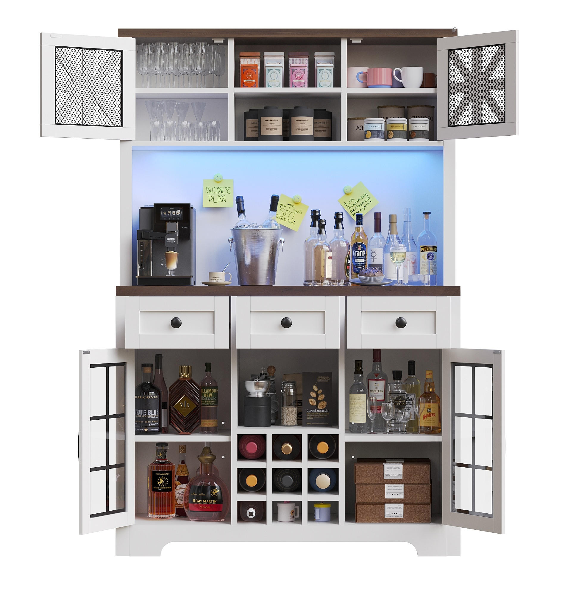 ESSZIMMER-BUFFET 120/40/180 cm mit Weinregal, LED-Beleuchtung & viel Stauraum - Weiß, Holzwerkstoff (120/180/40cm) - BEAOK