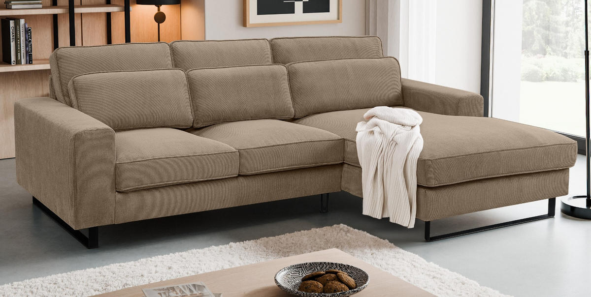 SOFA braun Cord 276 cm, Ecksofa 4-Sitzer, L-Sofa Ottomane rechts - Schwarz/Braun, Holz/Textil (276/183cm) - Inn.Furn