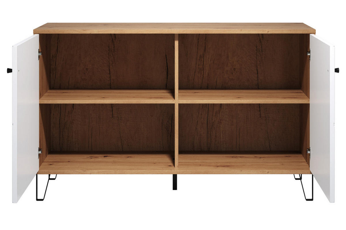 KOMMODE weiß matt mit Rautenoptik, Eiche Artisan 123 cm, Sideboard mit Soft-Close - Eichefarben/Schwarz, Holzwerkstoff/Kunststoff (123/76/40cm) - Top.Furn