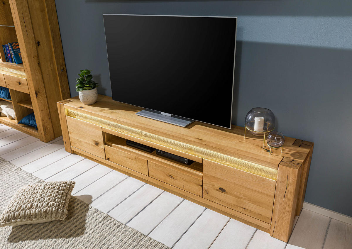 TV-BOARD Wildeiche 223x40x53 natur geölt KENT #132 - Hellbraun, Holz (223/53/40cm) - Massivmoebel24