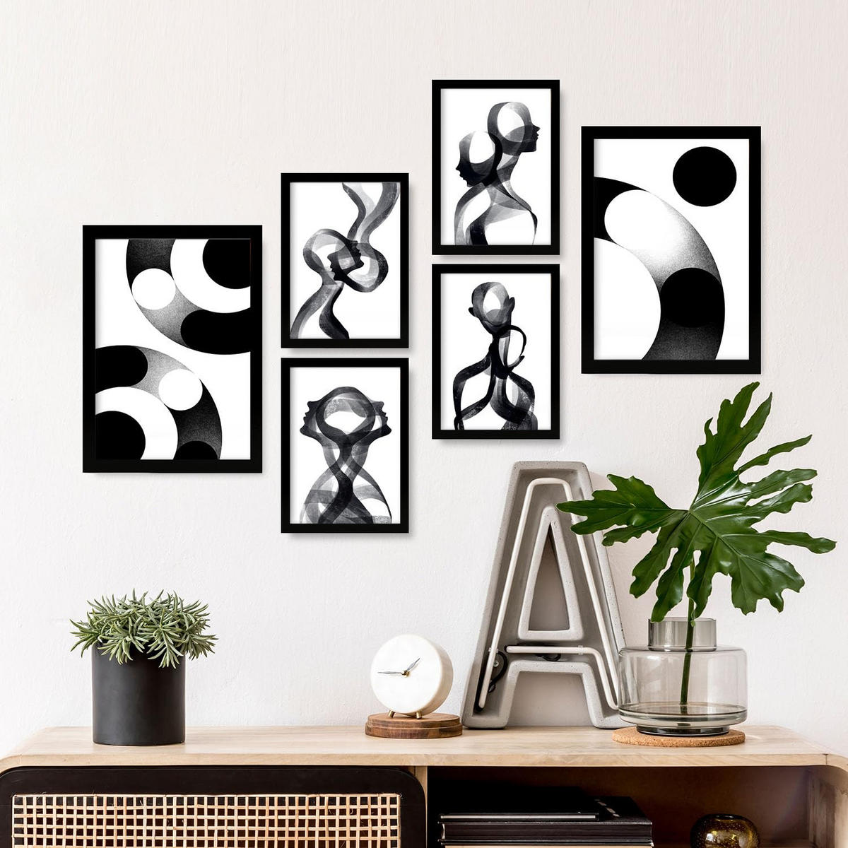 POSTER Set Mit 6 Stille Streifen In Liebhaber Abstrakt Ästhetische Dekorative Gemälde Für Ihr Wohnzimmer Schlafzimmer Zuhause A3 & A4 Schwarzer Rahmen - Schwarz, Papier (29/3cm) - Nacnic