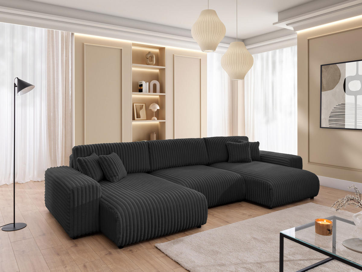 WOHNLANDSCHAFT Mollis Dunkelgrau Plüschcord mit Schlaffunktion - Dunkelgrau/Schwarz, Holz/Kunststoff (350/77/168cm) - S-Style Möbel