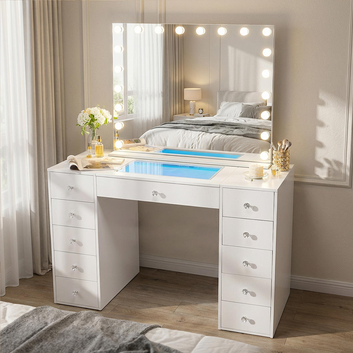 SCHMINKTISCH mit 11 Schubladen 130/55/81 CM und LED Beleuchtung Schminkspiegel 100 x 80 CM - Weiß, Holz/Metall (130/81/55cm) - VANITII