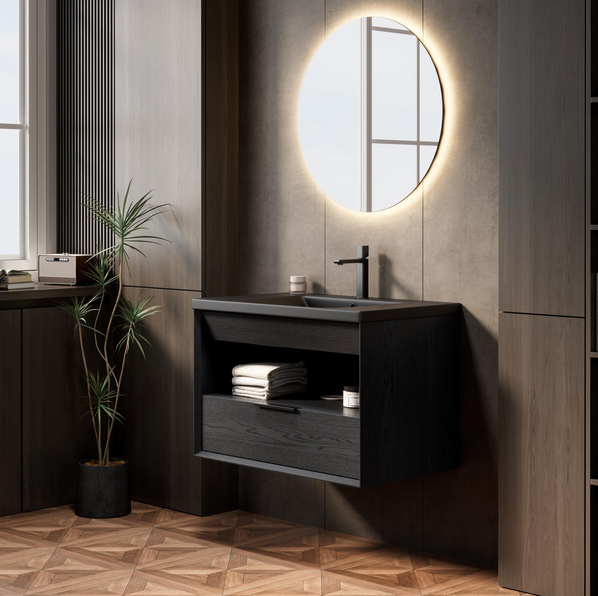 BADEZIMMERSCHRANK 74.5x46.5x51.5 cm Schwarz & Dunkle Eiche aus Keramik & Sperrholz - Schwarz, Keramik (74.5/51.5/46.5cm) - Modfu