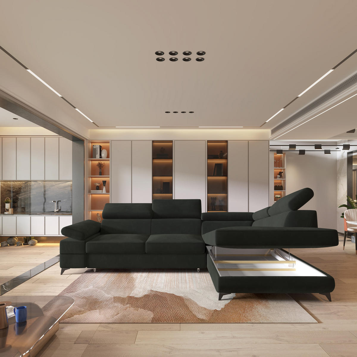 ECKSOFA FAVIEN R-S Schwarz Velours-Stoff mit Schlaffunktion - Schwarz, Holz (257/190cm) - MASSENO