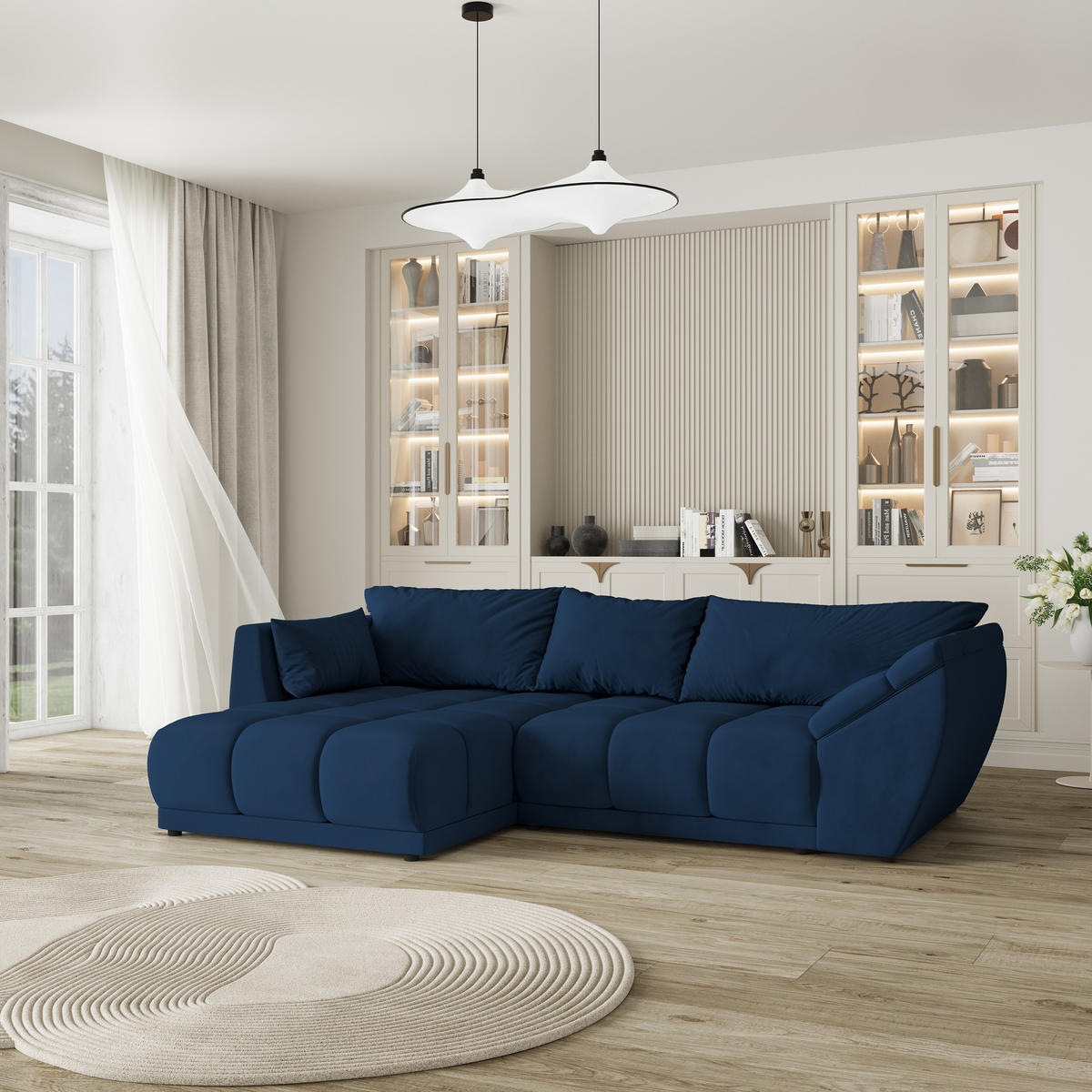 ECKSOFA ORENTI L-S Blau Velours-Stoff mit Schlaffunktion - Blau, Holz (287/182cm) - MASSENO