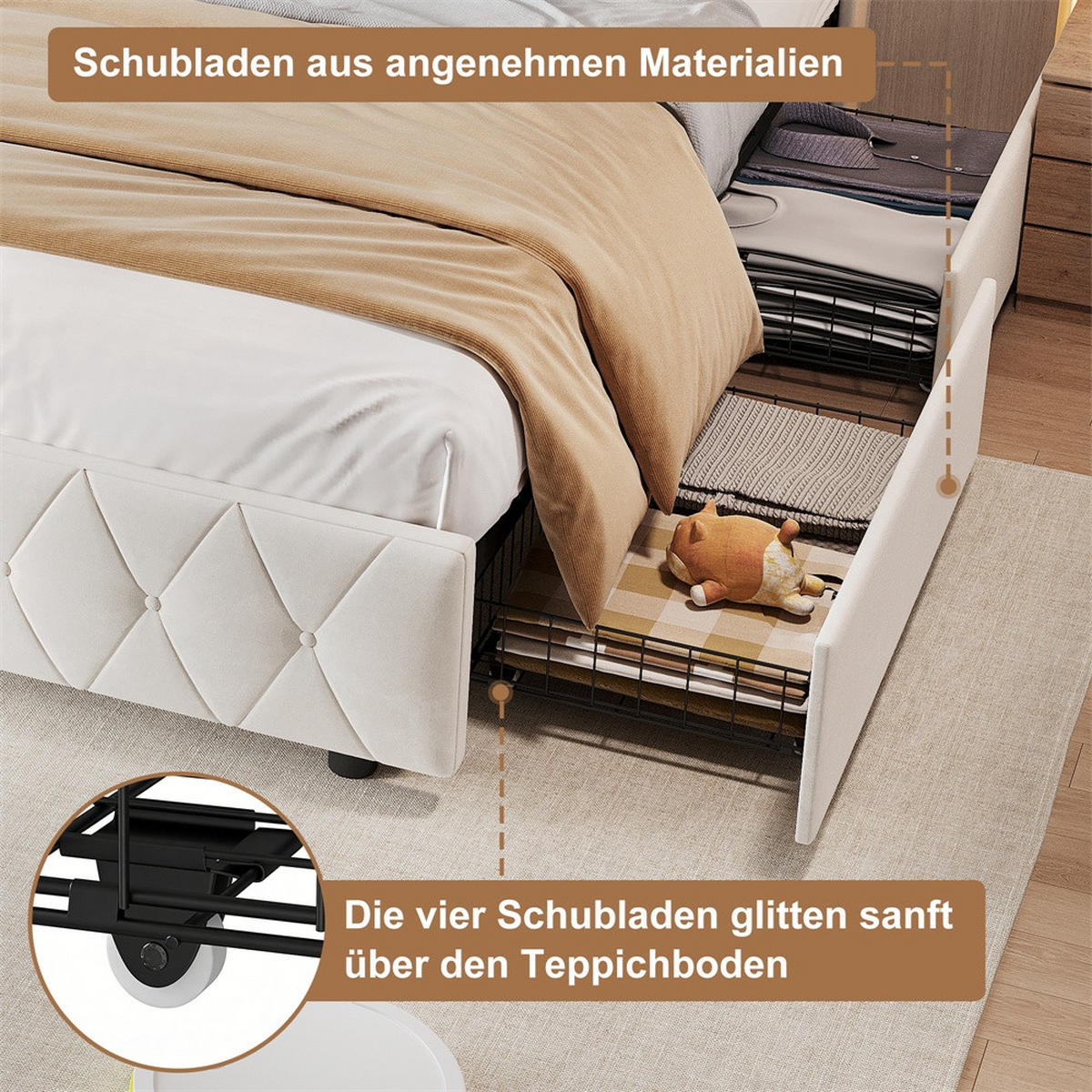 POLSTERBETT 140x200 cm mit 4 Schubladen & LED-Beleuchtung - USB-Anschlüsse - ohne Matratze - Beige - Beige, Textil (140/200cm) - DELFA