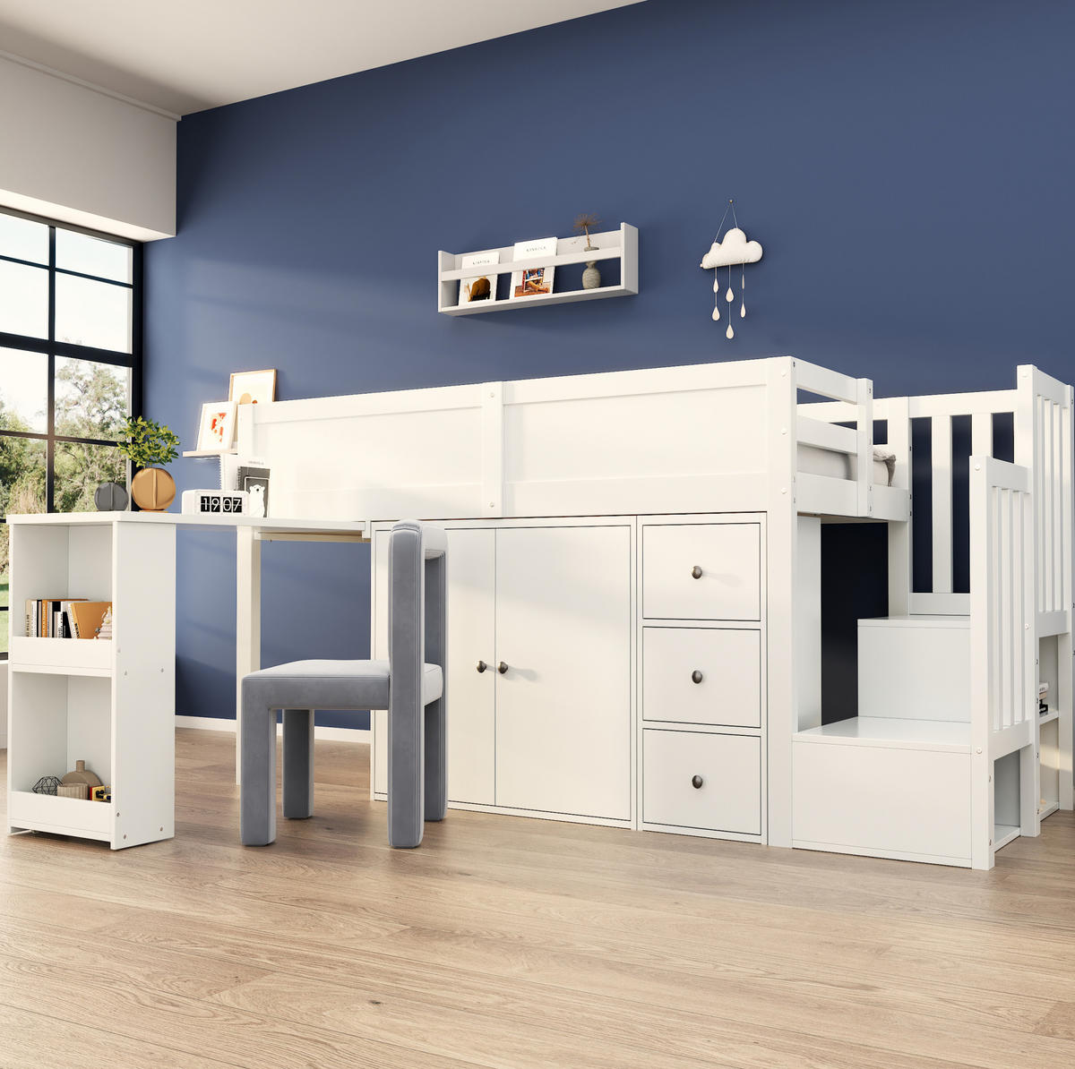 HOCHBETT mit ausziehbarem Schreibtisch und Stauraum 90x200 cm MDF Weiß - Weiß, Holzwerkstoff (90/200cm) - Beauniv