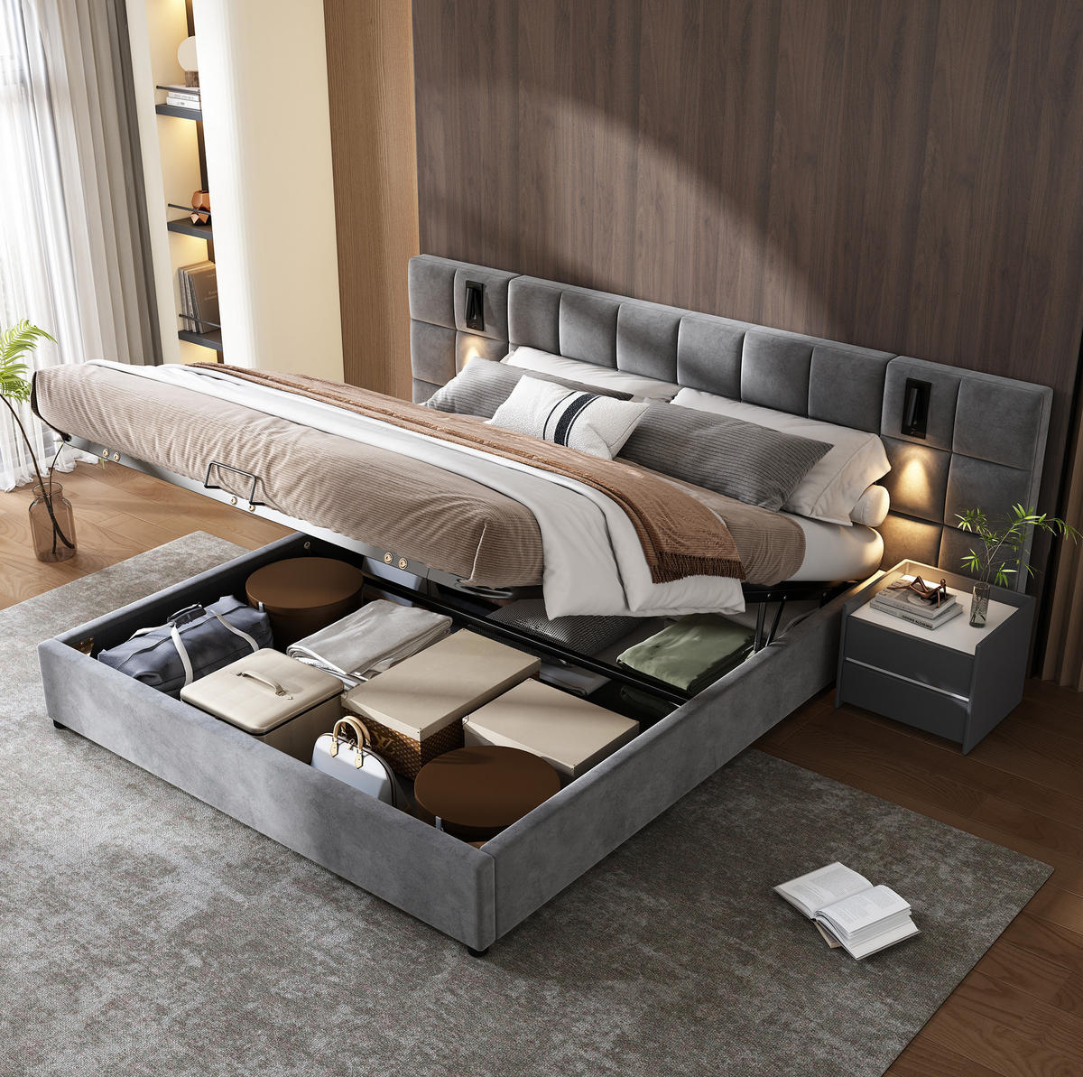 SAMT-POLSTERBETT 160/200 cm mit Bettkasten, USB und LED-Leselicht in Grau - Grau, Metall (160/200cm) - BEAOK