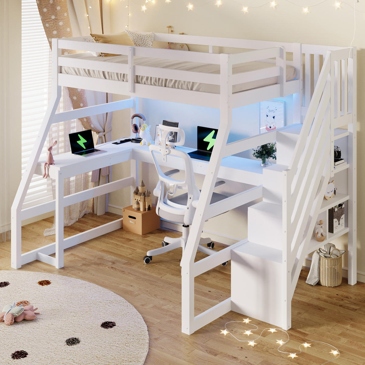 HOCHBETT 90/200 cm in Weiß Kinderbett mit Schreibtisch, Stauraumtreppe, LED und USB - Weiß, Holzwerkstoff (90/200cm) - STILVORA