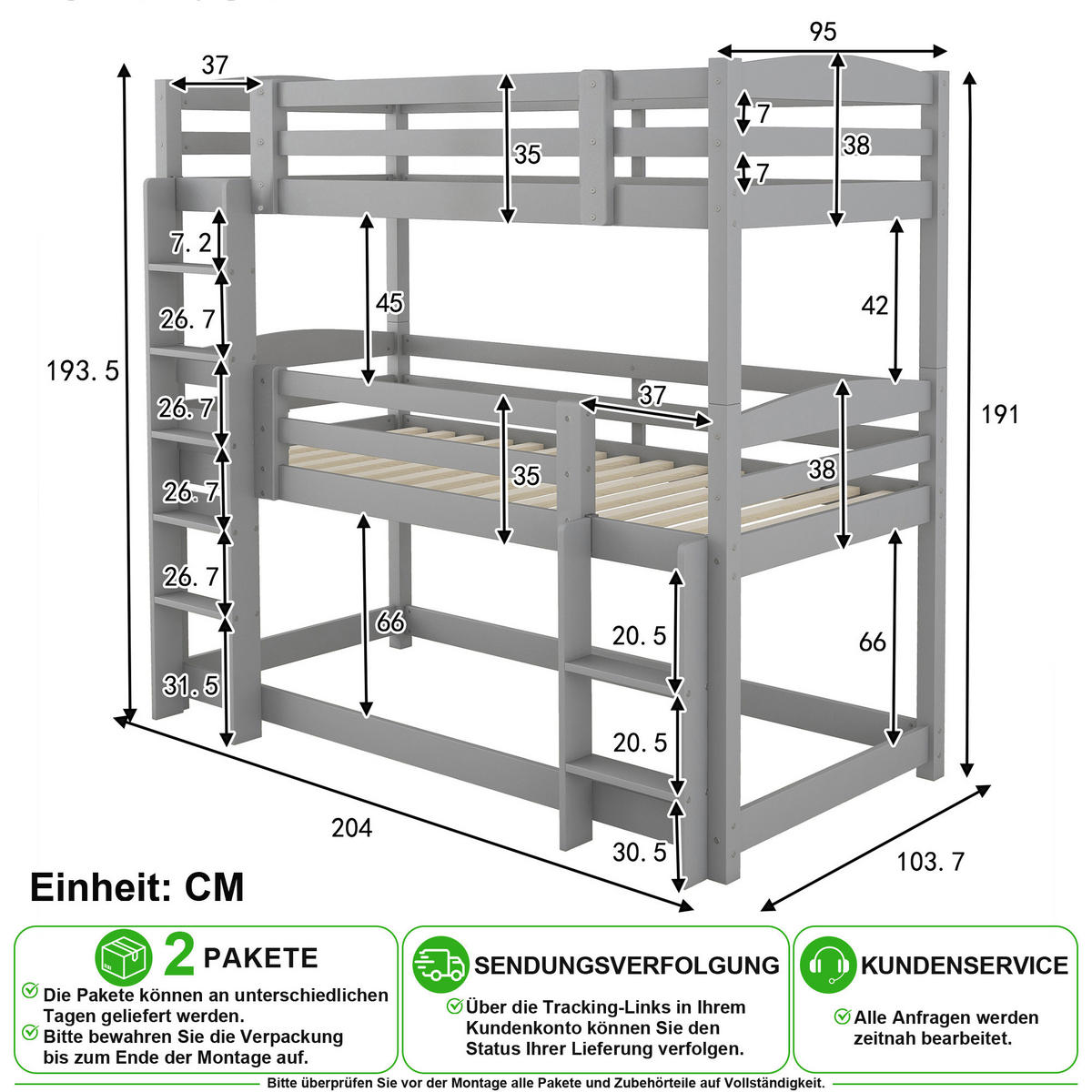ETAGENBETT 90/200 cm & 90/200 cm & 90/200 cm in Grau mit 2 Leitern - Grau, Holz/Holzwerkstoff (90/200cm) - CHICFURN