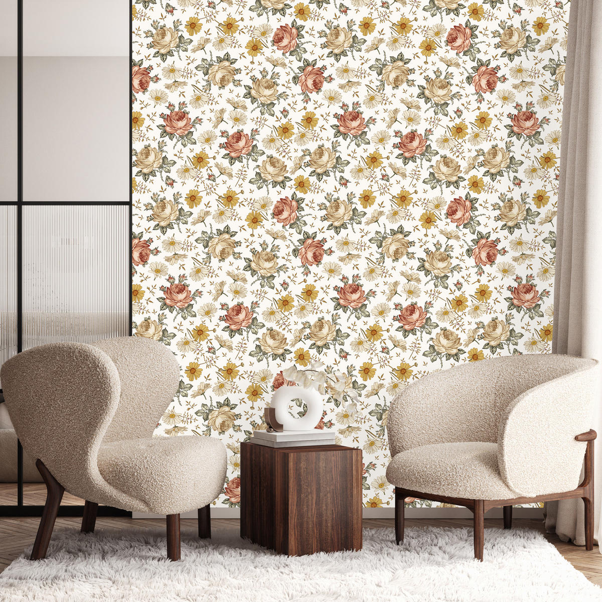 VLIESTAPETE Rosen und Kamillenblüten – Rosa, Gelb, Weiß – 50x1000 cm - Gelb/Rosa, Papier (50/1000cm) - Muralo