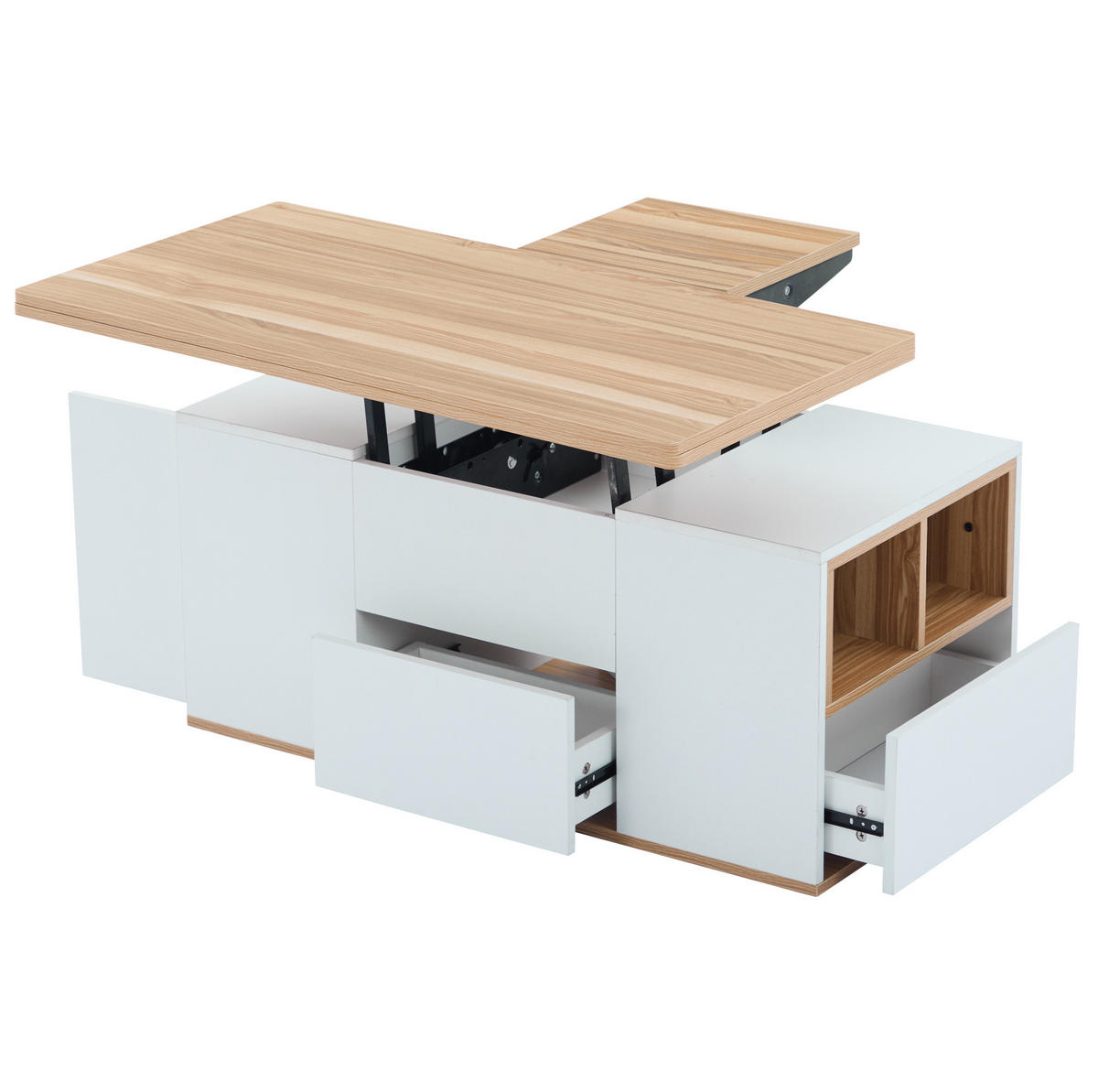 COUCHTISCH 100/51/47 cm höhenverstellbar mit 2-in-1-Tischplatte, 2 Schubladen und Stauraum aus Spanplatte, Weiß/Gelbbraun - Weiß, Holzwerkstoff (100/51/47cm) - Redom