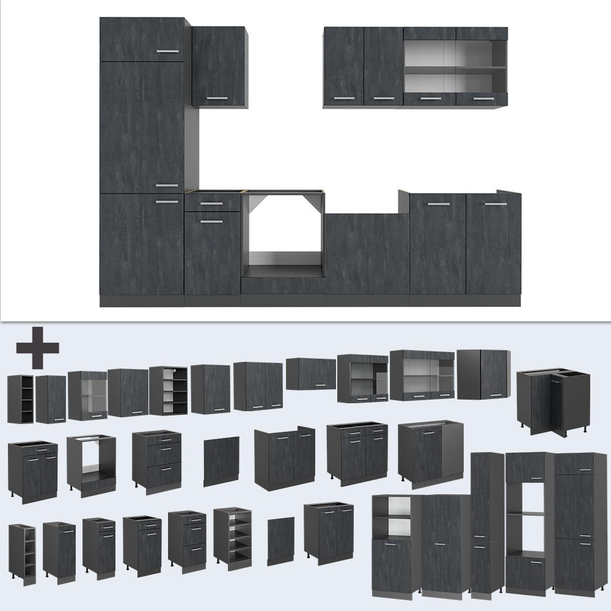 KÜCHENZEILE R-Line Schwarz Beton/Anthrazit 300 cm AP Anthrazit - Anthrazit/Schwarz, Holzwerkstoff (300/81.6/60cm) - Vicco