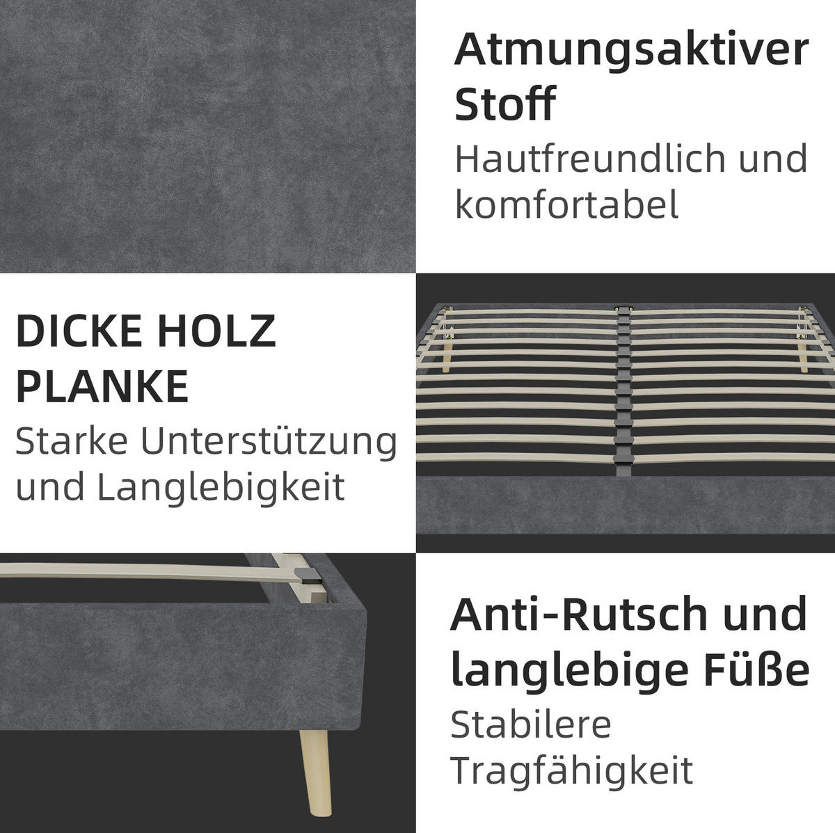 BETTGESTELL 160/200 cm grau aus Stoff und Metall mit Samtbezug - Grau, Textil (160/200cm) - OKWISH
