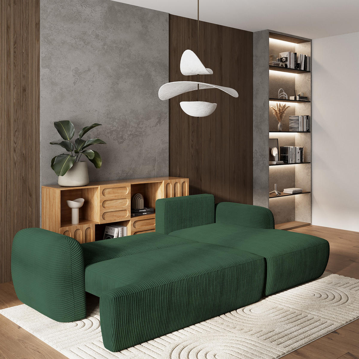 ECKSOFA MODENZA P R-S Grün Kordstoff mit Schlaffunktion - Grün, Holz (266/148cm) - MASSENO